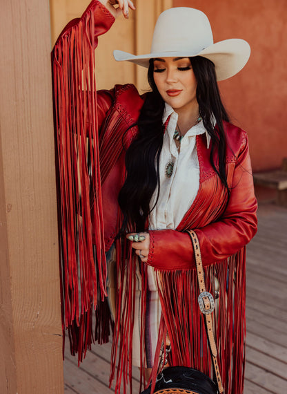 The Hannah Mae Red Fringe Leather Jacket (Regular & Plus Size)