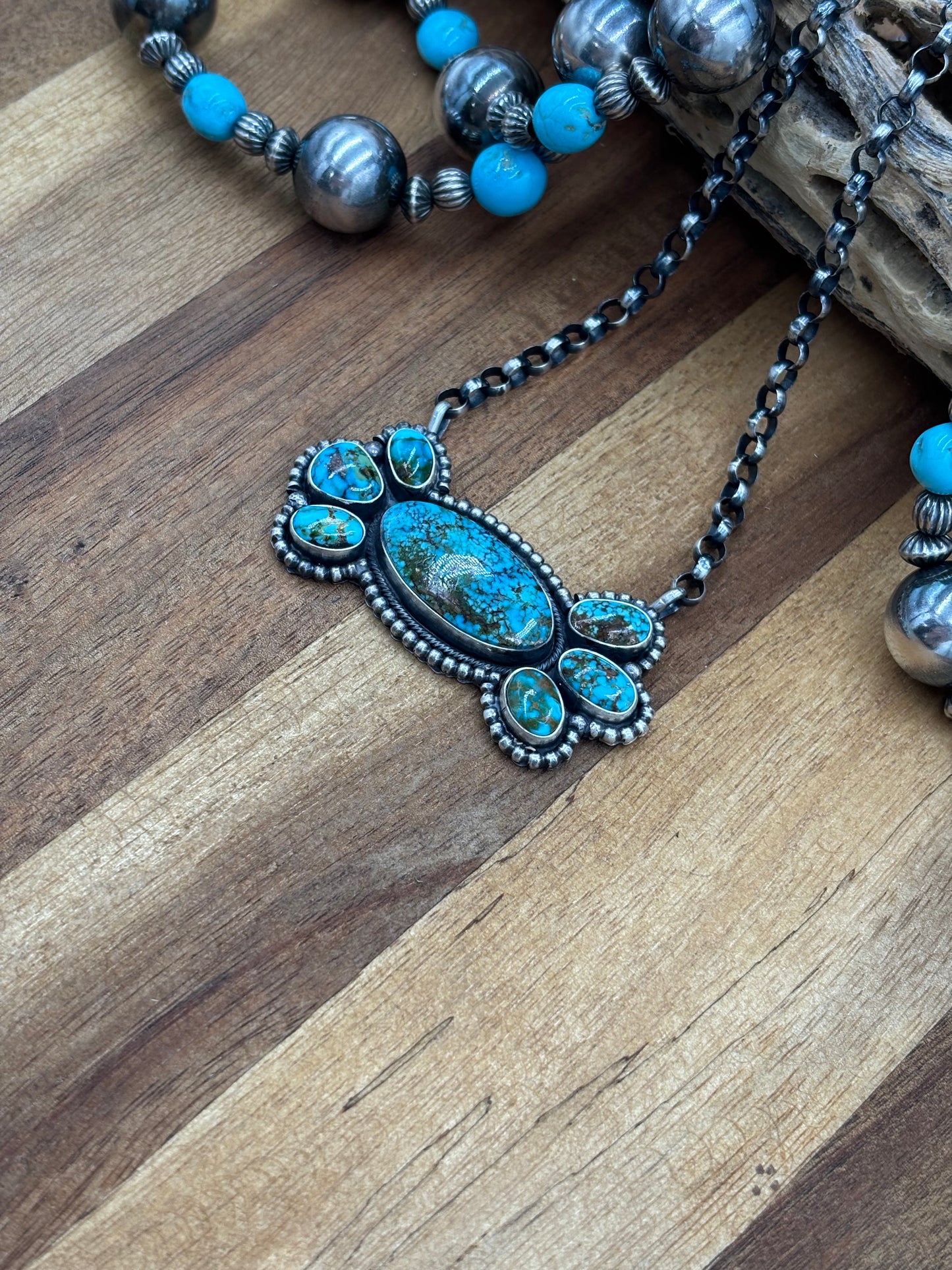 Webbed Kingman Cluster Necklace by Rena Shelly, Navajo #A