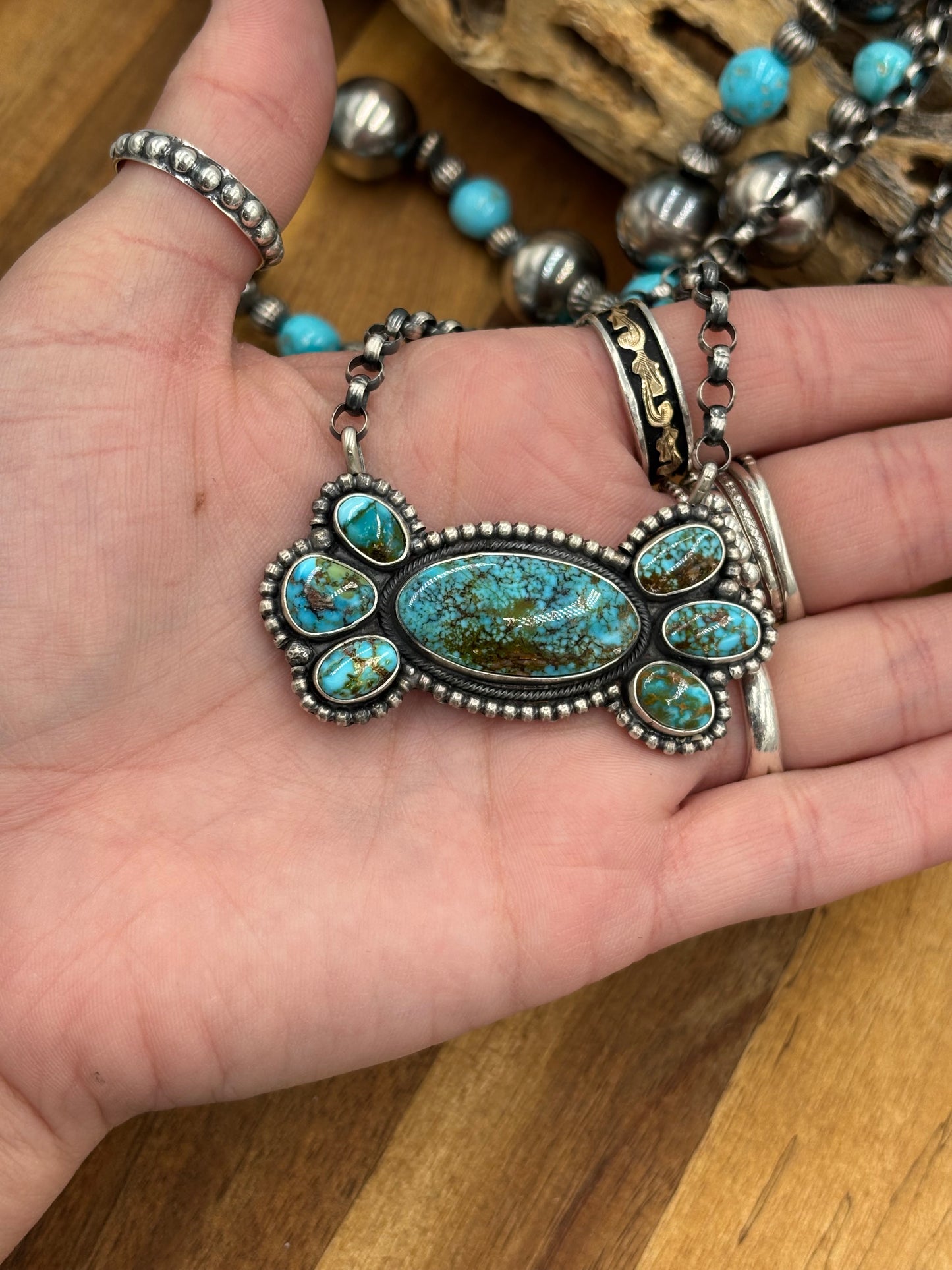 Webbed Kingman Cluster Necklace by Rena Shelly, Navajo #A