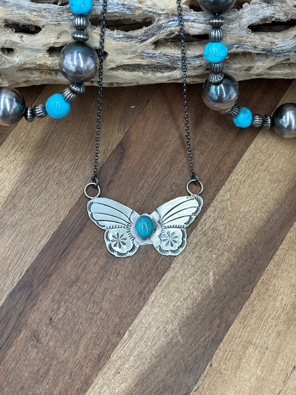 Kingman Turquoise #922-33 Butterfly Necklace by Rick Enriquez, Navajo