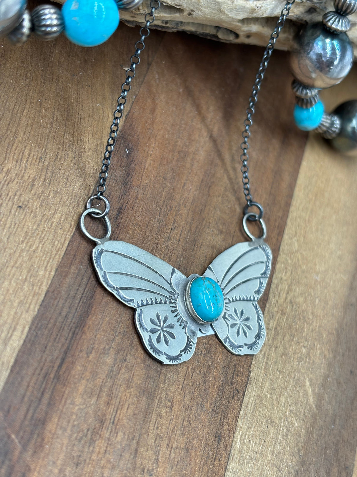 Kingman Turquoise #922-33 Butterfly Necklace by Rick Enriquez, Navajo