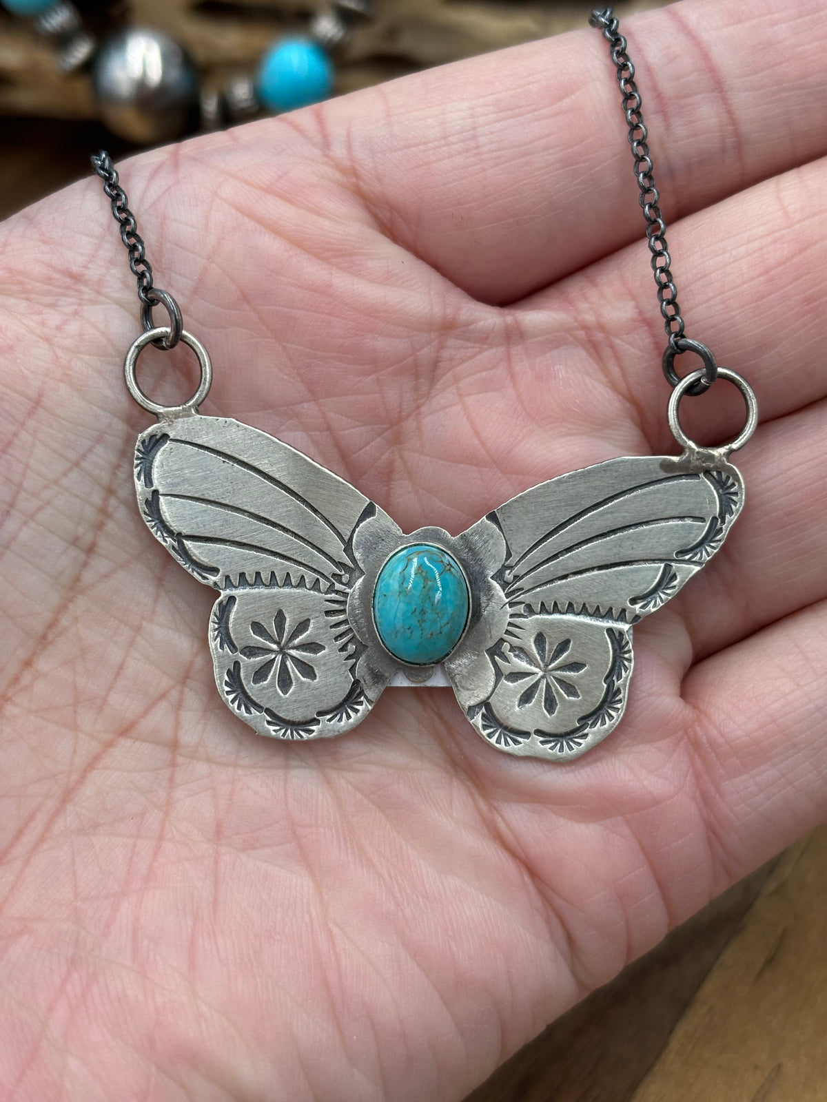 Kingman Turquoise #922-33 Butterfly Necklace by Rick Enriquez, Navajo