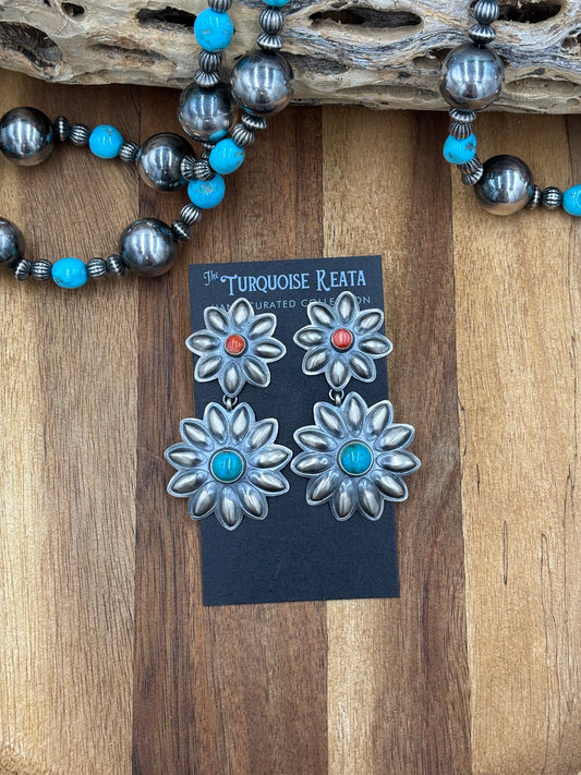 Coral & Turquoise Flower Concho Earrings by Robert Johnson, Navajo