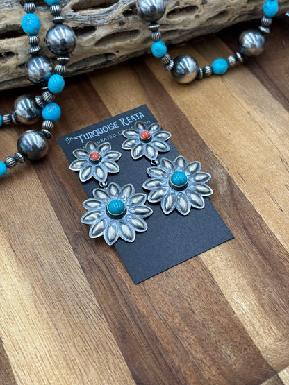 Coral & Turquoise Flower Concho Earrings by Robert Johnson, Navajo