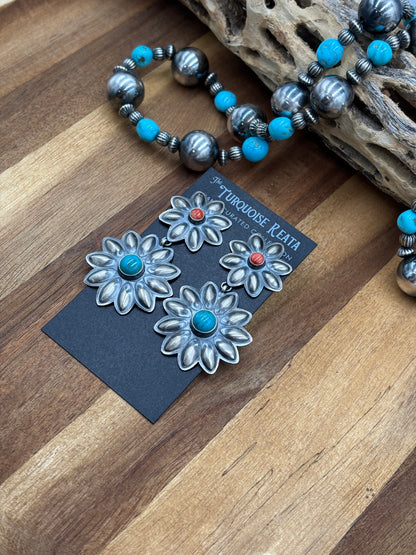 Coral & Turquoise Flower Concho Earrings by Robert Johnson, Navajo