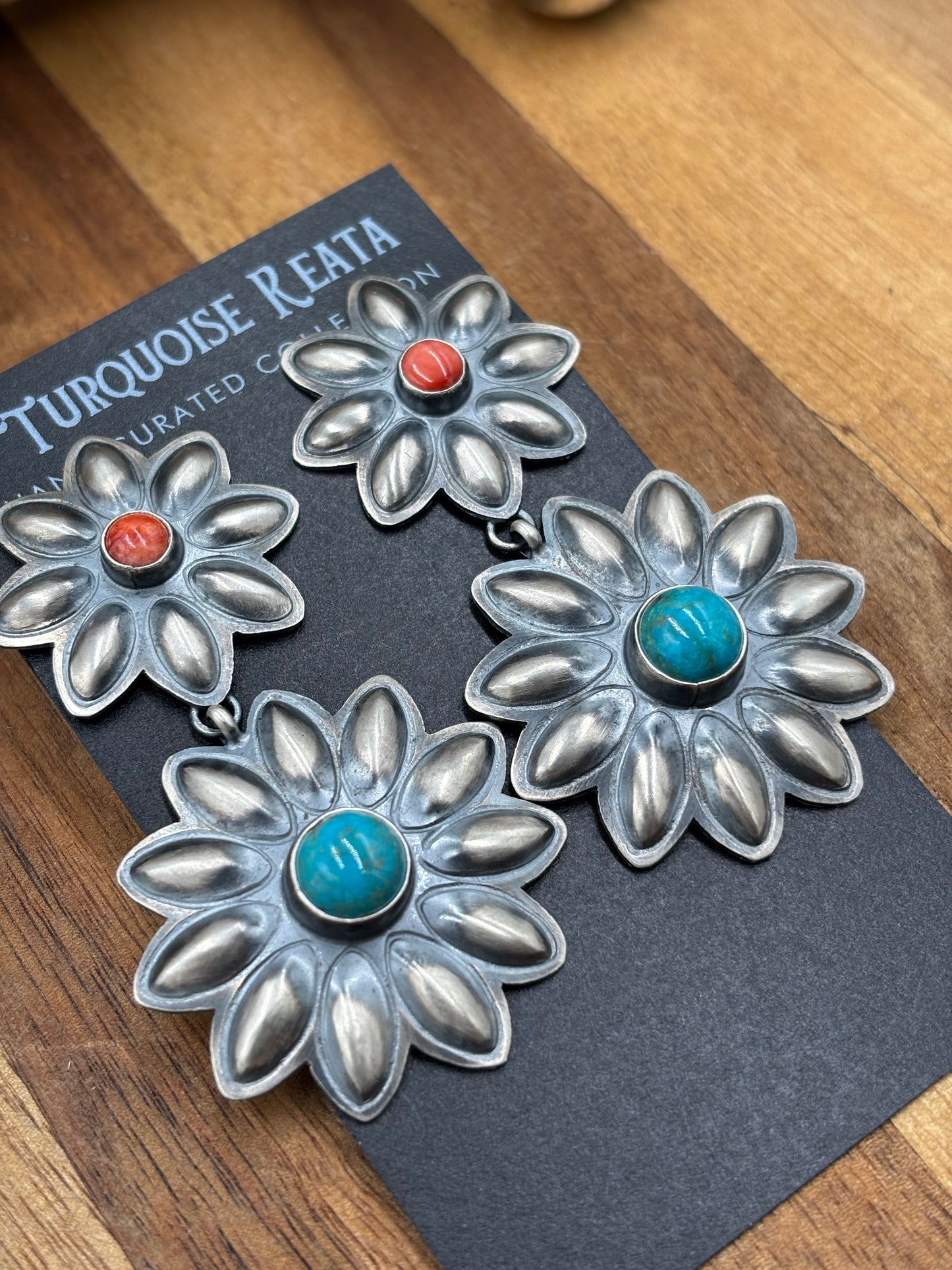 Coral & Turquoise Flower Concho Earrings by Robert Johnson, Navajo