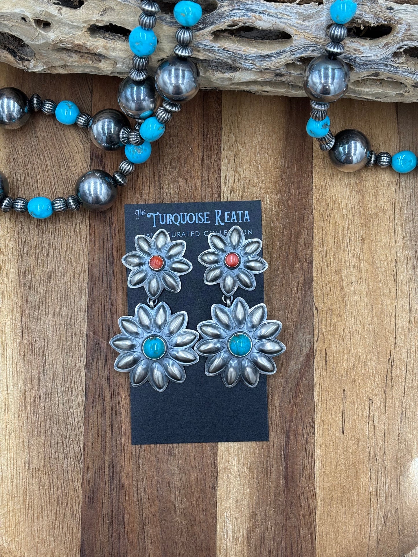 Coral & Turquoise Flower Concho Earrings by Robert Johnson, Navajo