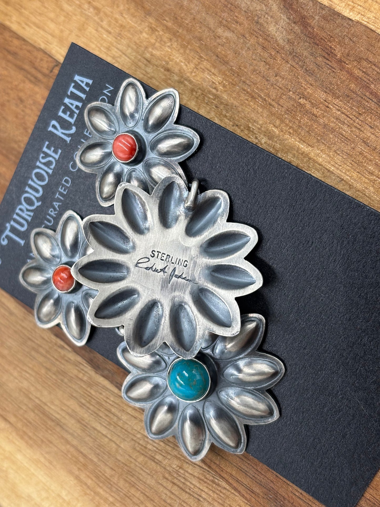 Coral & Turquoise Flower Concho Earrings by Robert Johnson, Navajo