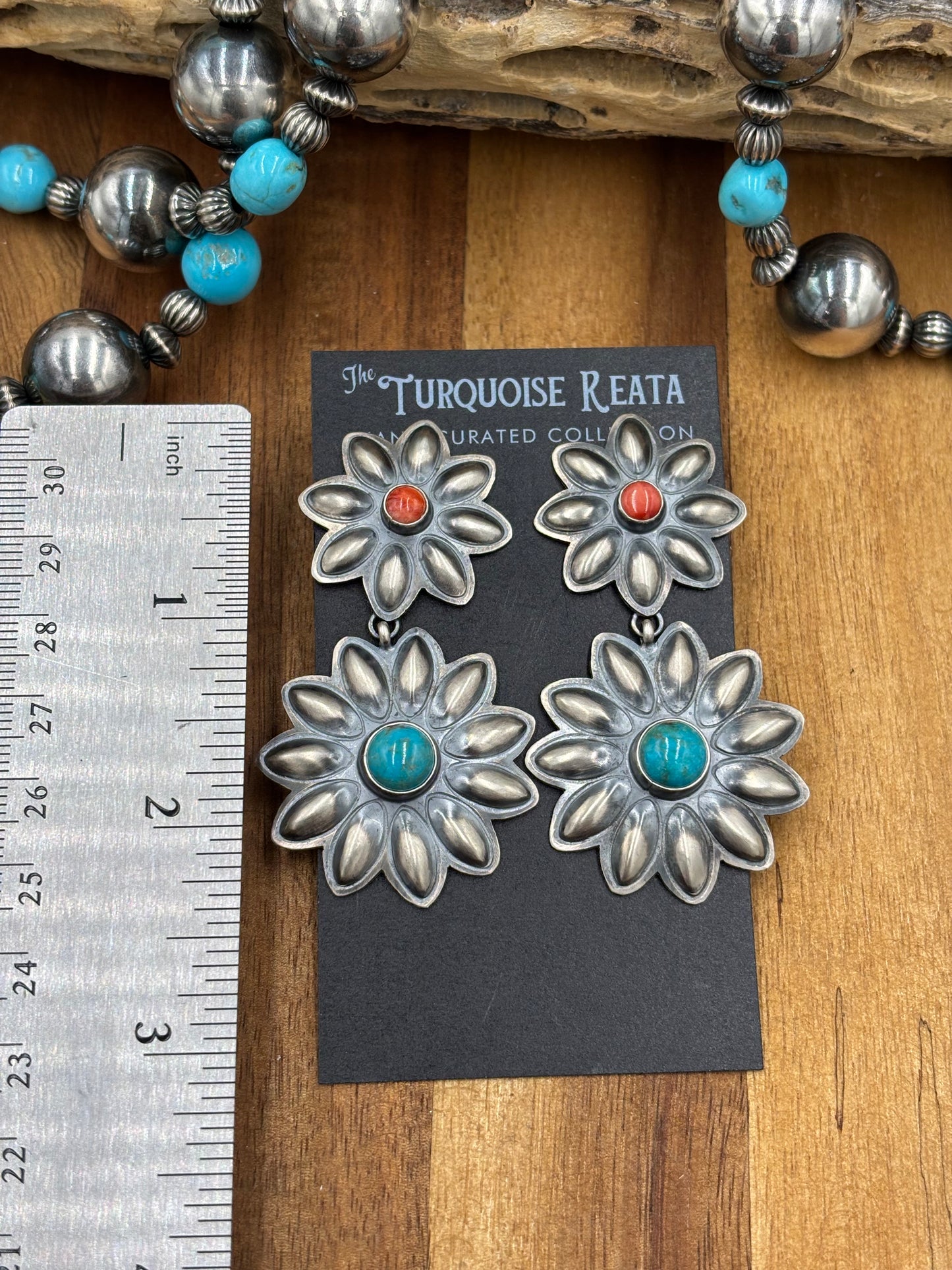 Coral & Turquoise Flower Concho Earrings by Robert Johnson, Navajo