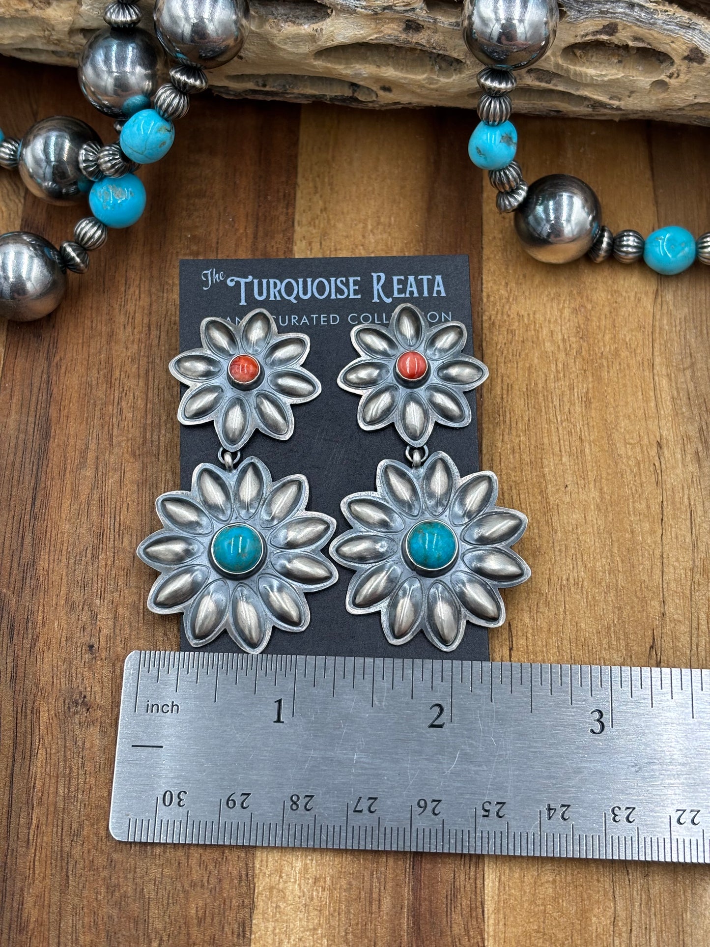 Coral & Turquoise Flower Concho Earrings by Robert Johnson, Navajo
