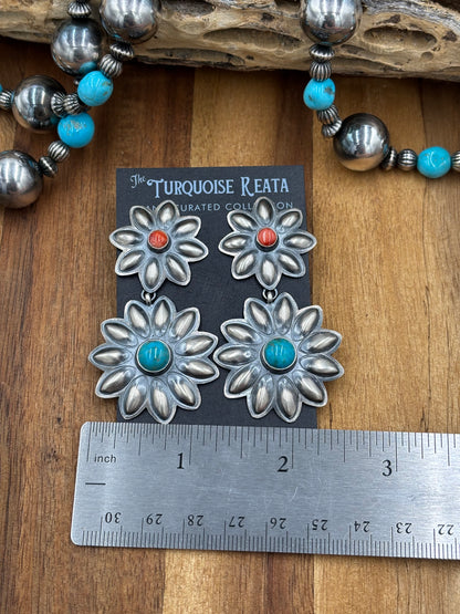 Coral & Turquoise Flower Concho Earrings by Robert Johnson, Navajo