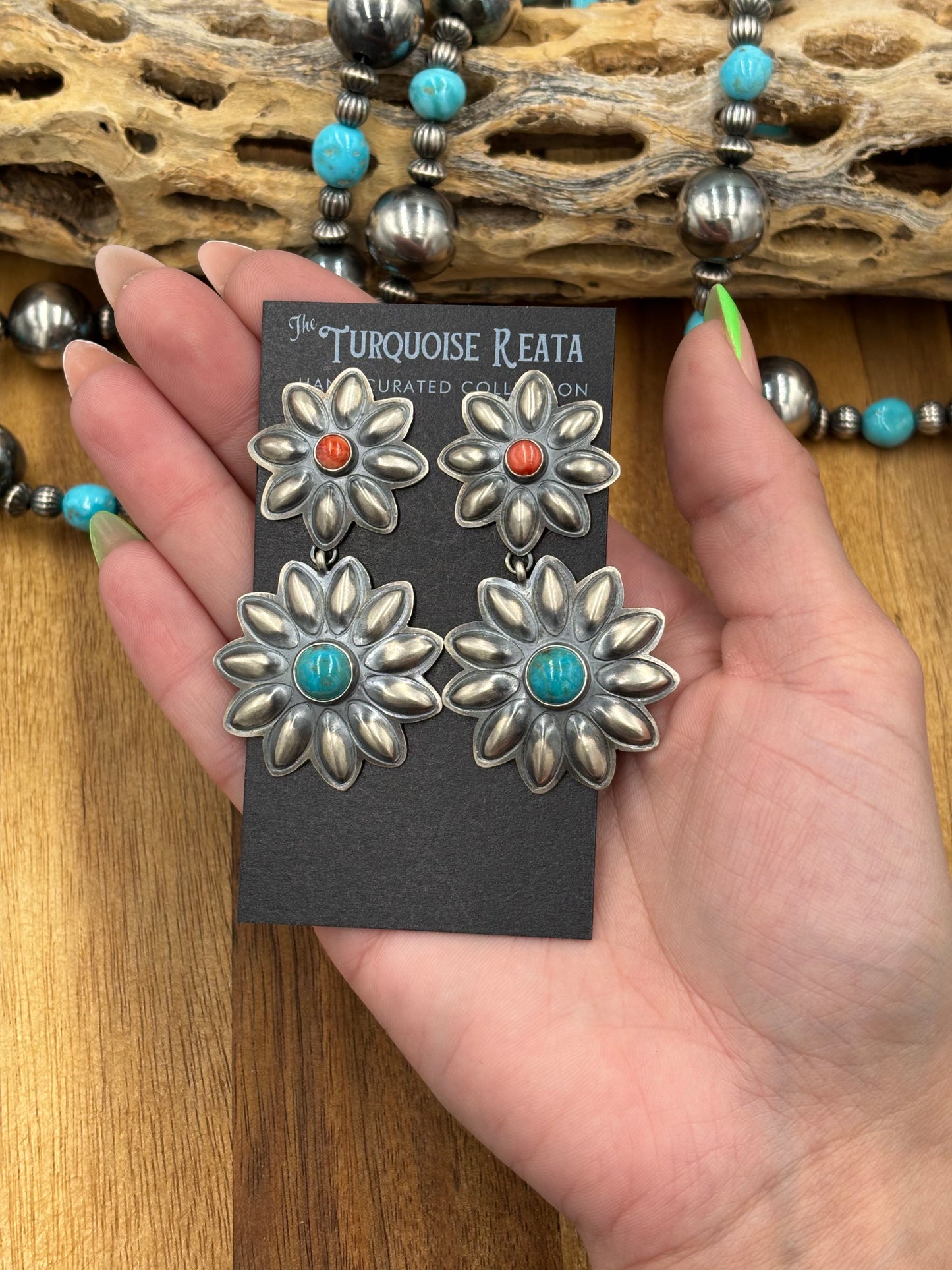 Coral & Turquoise Flower Concho Earrings by Robert Johnson, Navajo