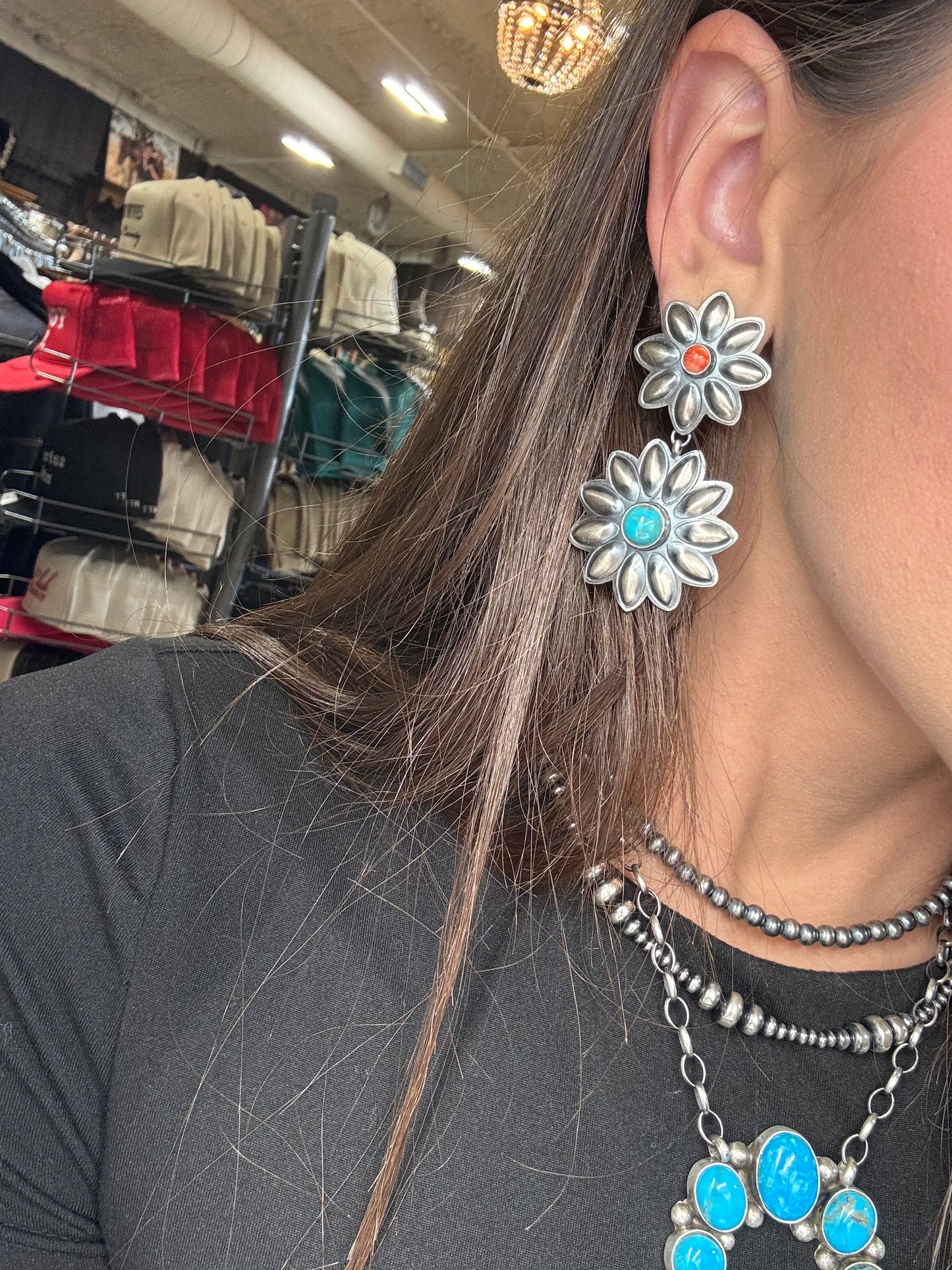 Coral & Turquoise Flower Concho Earrings by Robert Johnson, Navajo