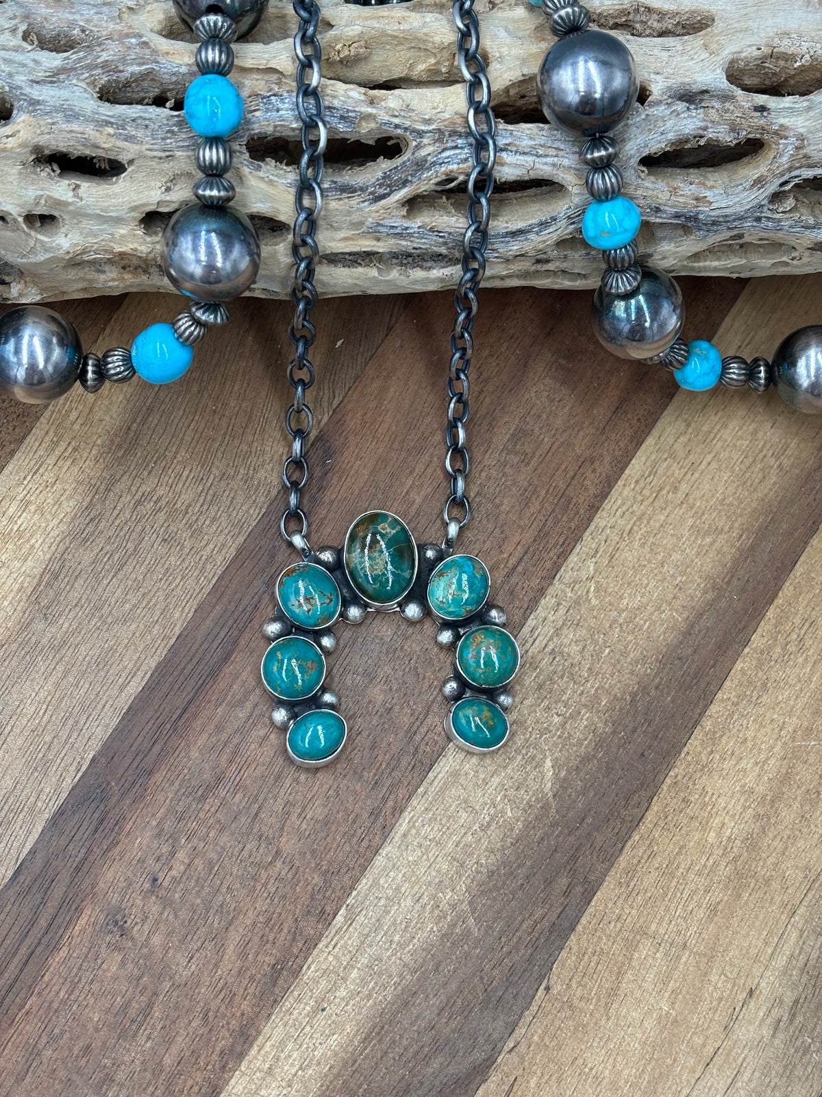 Kingman Turquoise #923-4A Naja Necklace by Augustine Largo, Navajo