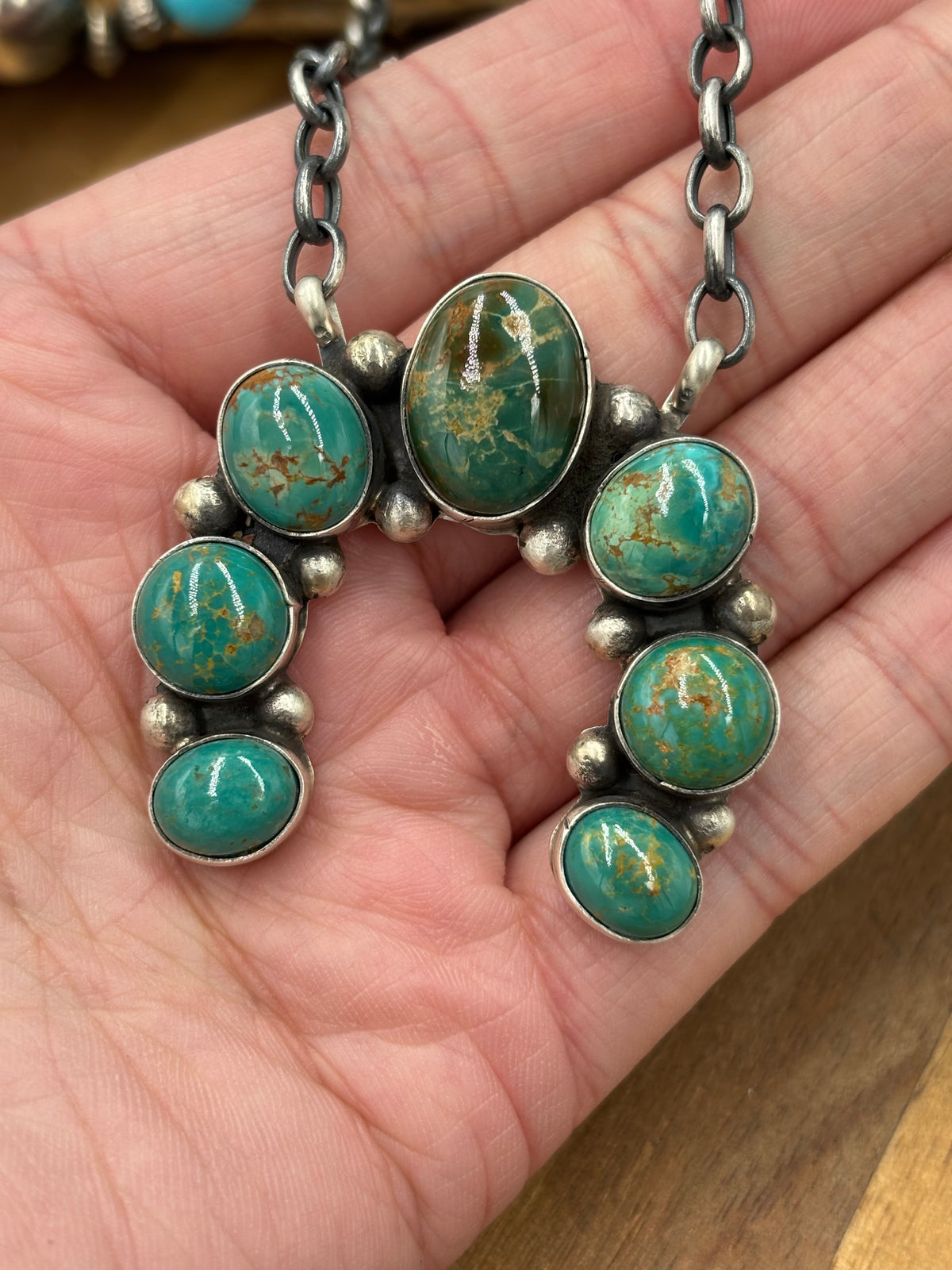Kingman Turquoise #923-4A Naja Necklace by Augustine Largo, Navajo