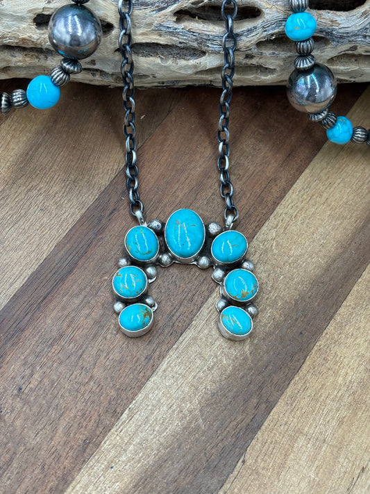 Kingman Turquoise #923-4C Naja Necklace by Augustine Largo, Navajo