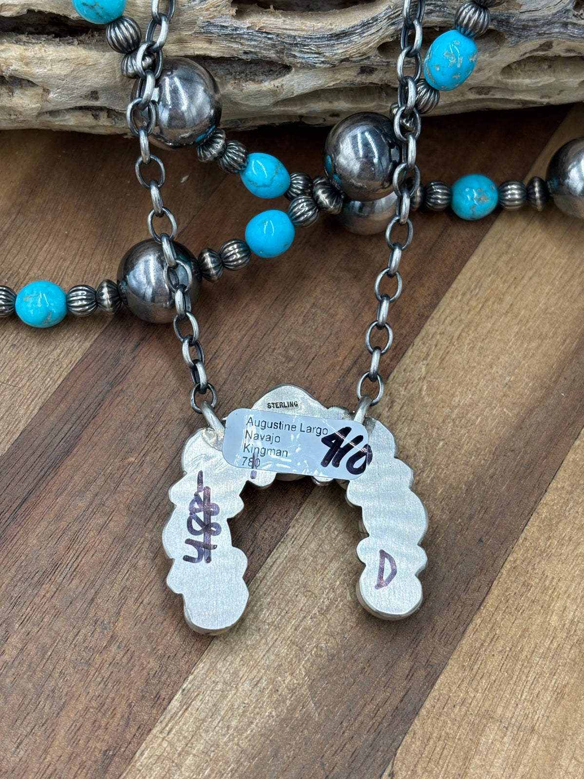 Kingman Turquoise #923-4D Naja Necklace by Augustine Largo, Navajo