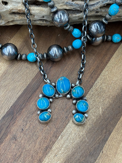 Kingman Turquoise #923-4D Naja Necklace by Augustine Largo, Navajo