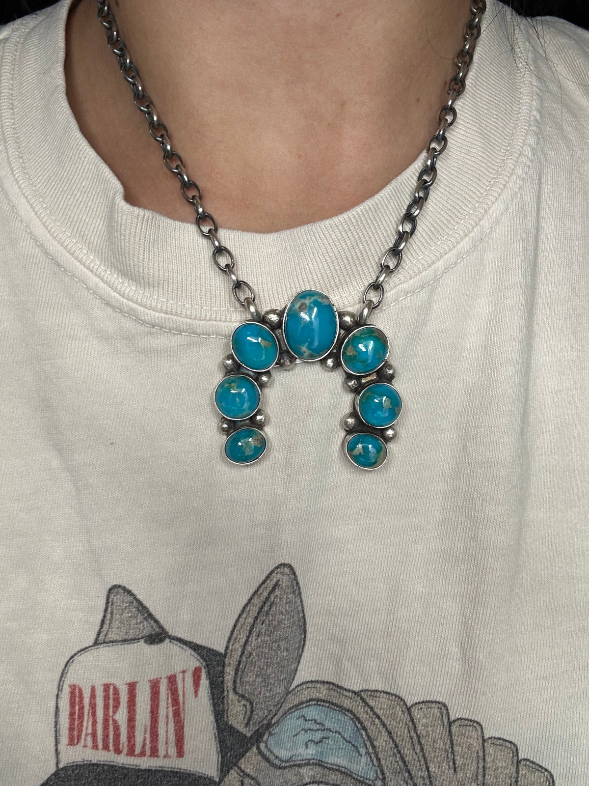 Kingman Turquoise #923-4D Naja Necklace by Augustine Largo, Navajo