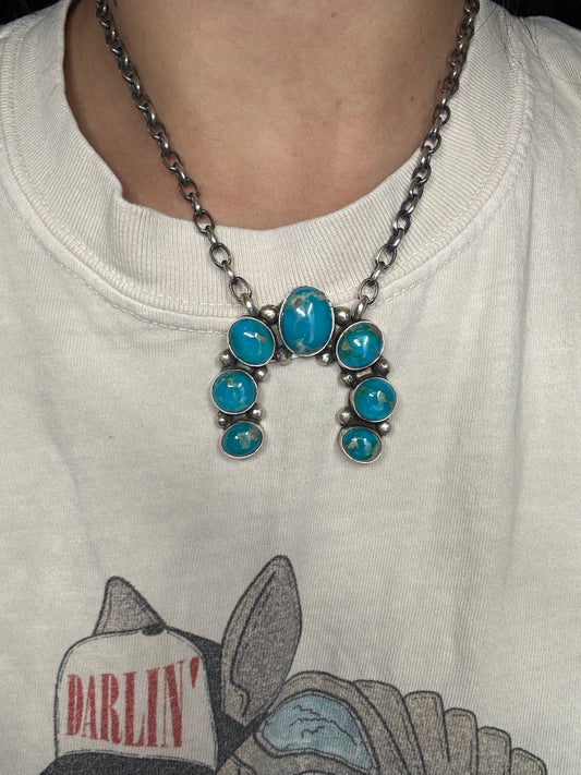 Kingman Turquoise #923-4D Naja Necklace by Augustine Largo, Navajo