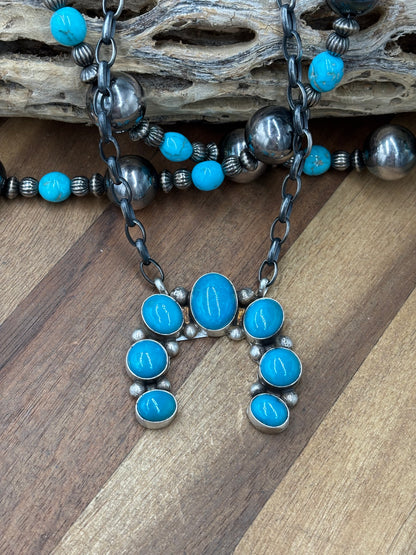 Kingman Turquoise #923-4E Naja Necklace by Augustine Largo, Navajo