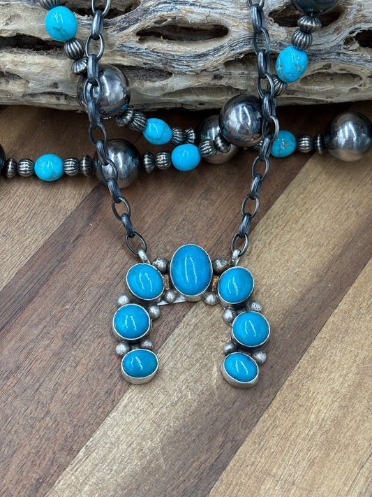 Kingman Turquoise #923-4E Naja Necklace by Augustine Largo, Navajo