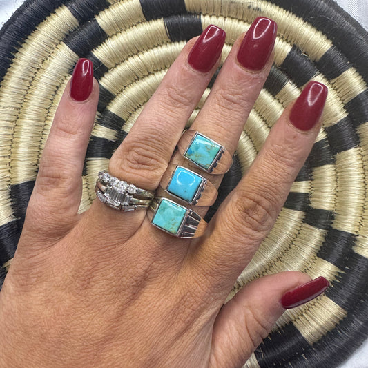 Men’s Square Stone Turquoise Rings Sterling Silver & Turquoise Various Sizes
