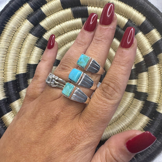 Men’s Square Stone Turquoise Rings Sterling Silver & Turquoise Various Sizes