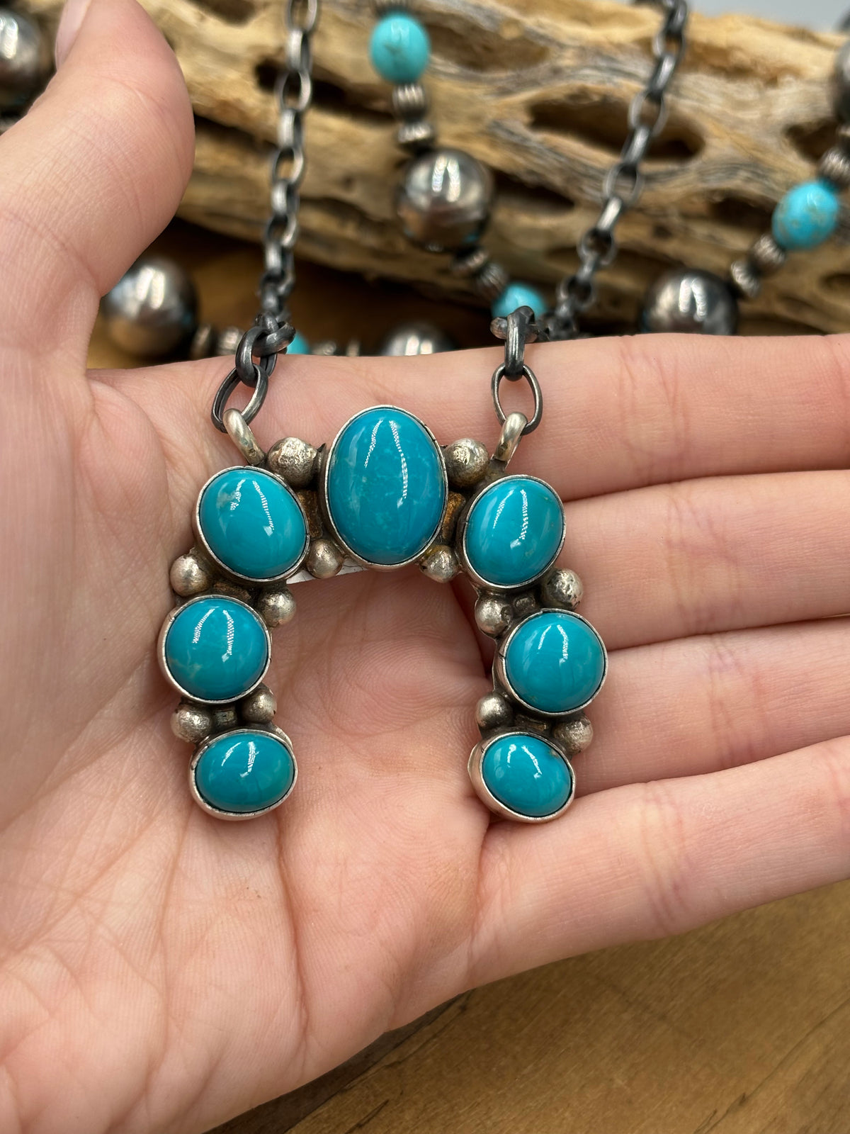 Kingman Turquoise #923-4E Naja Necklace by Augustine Largo, Navajo