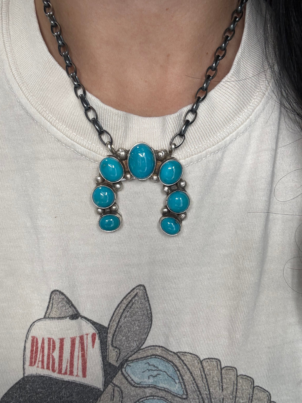 Kingman Turquoise #923-4E Naja Necklace by Augustine Largo, Navajo