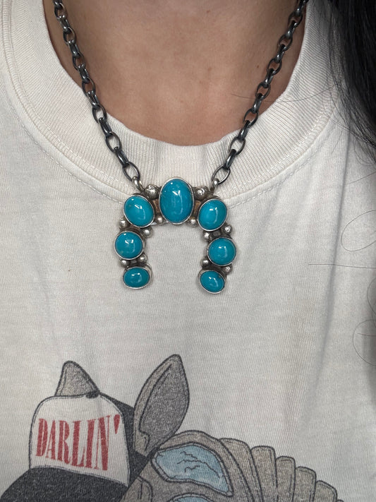Kingman Turquoise #923-4E Naja Necklace by Augustine Largo, Navajo
