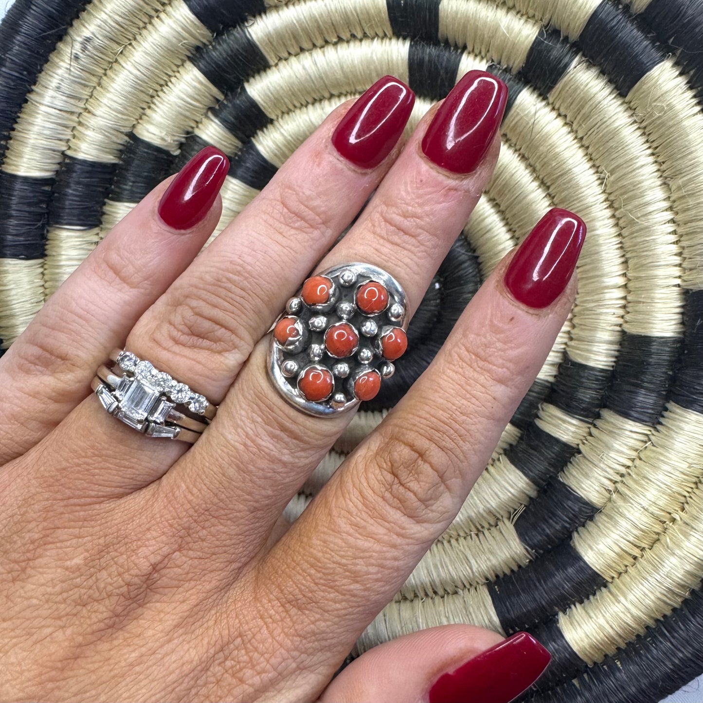 Red Coral & Sterling Silver Size 7.5 "A"