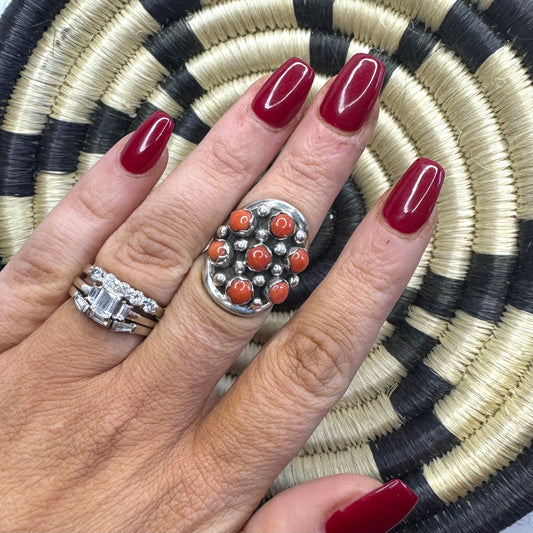 Red Coral & Sterling Silver Size 7.5 "A"