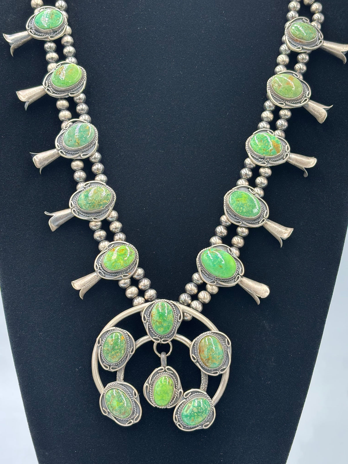 Green Turquoise #923-3 Squash Blossom Necklace by Gilbert New, Navajo