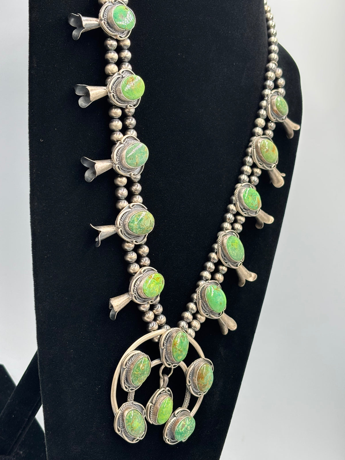 Green Turquoise #923-3 Squash Blossom Necklace by Gilbert New, Navajo