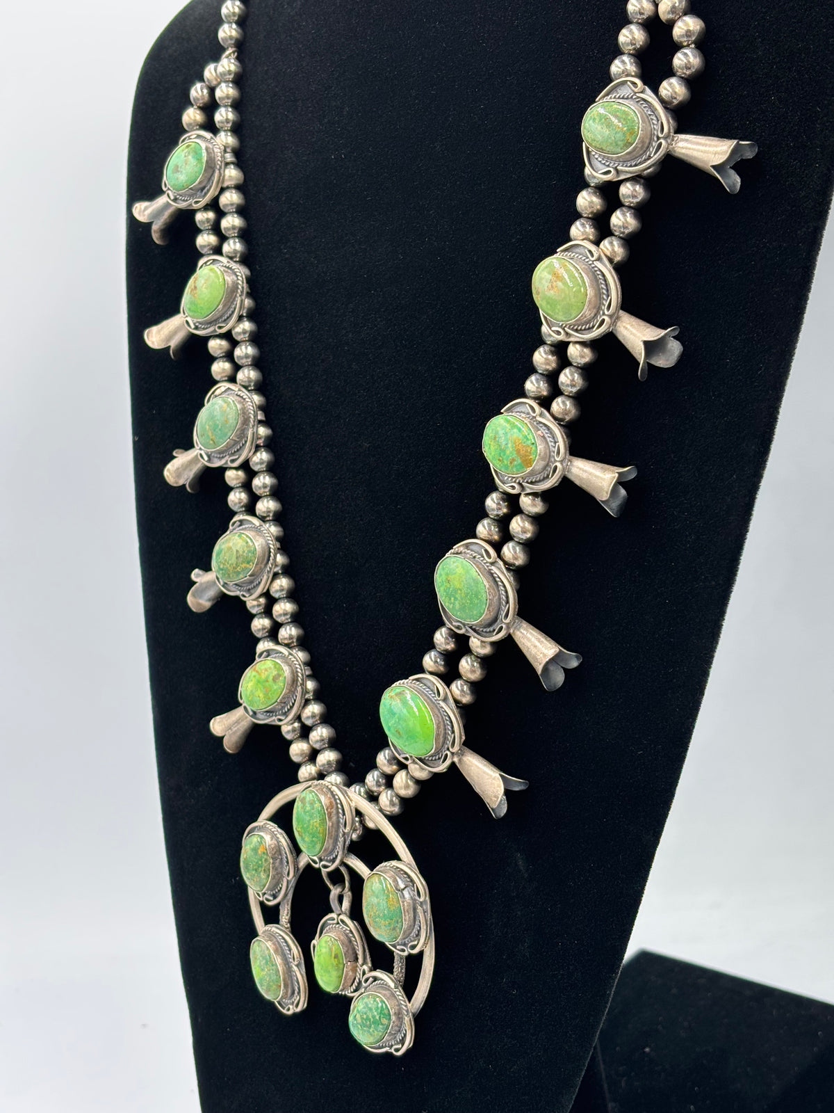Green Turquoise #923-3 Squash Blossom Necklace by Gilbert New, Navajo