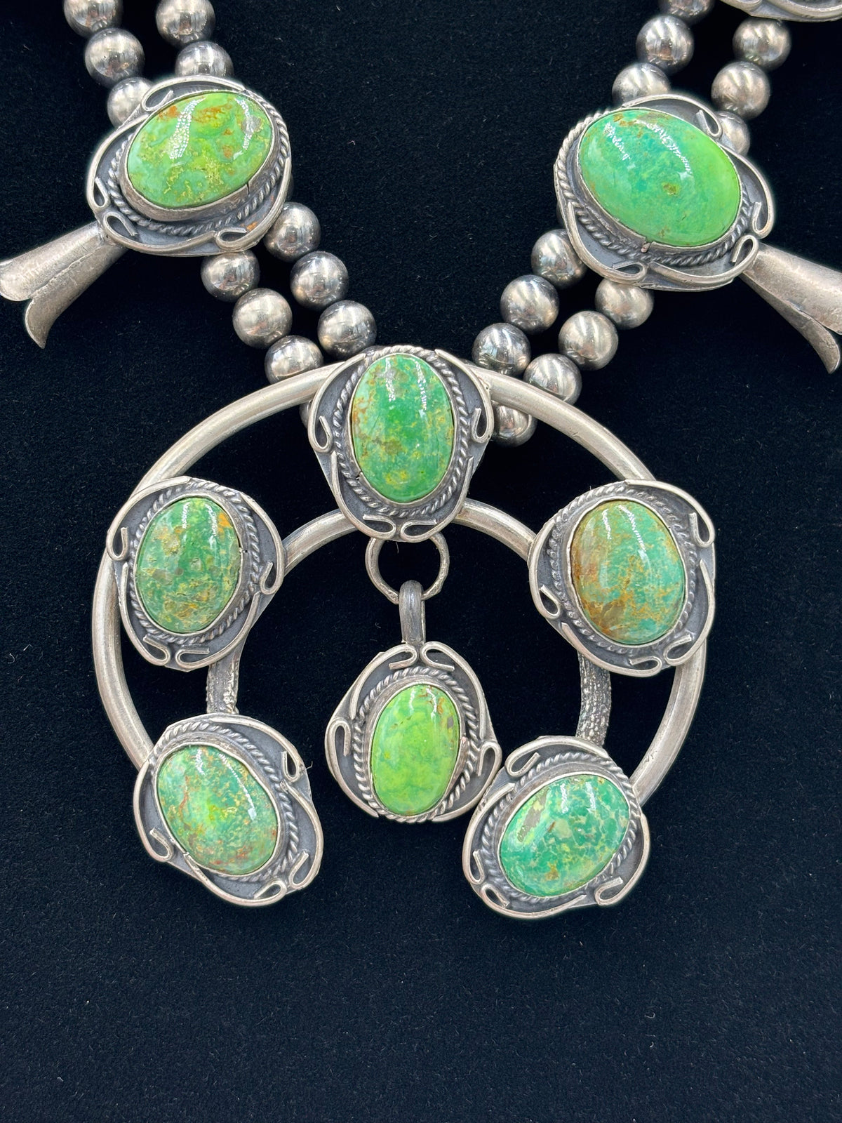 Green Turquoise #923-3 Squash Blossom Necklace by Gilbert New, Navajo