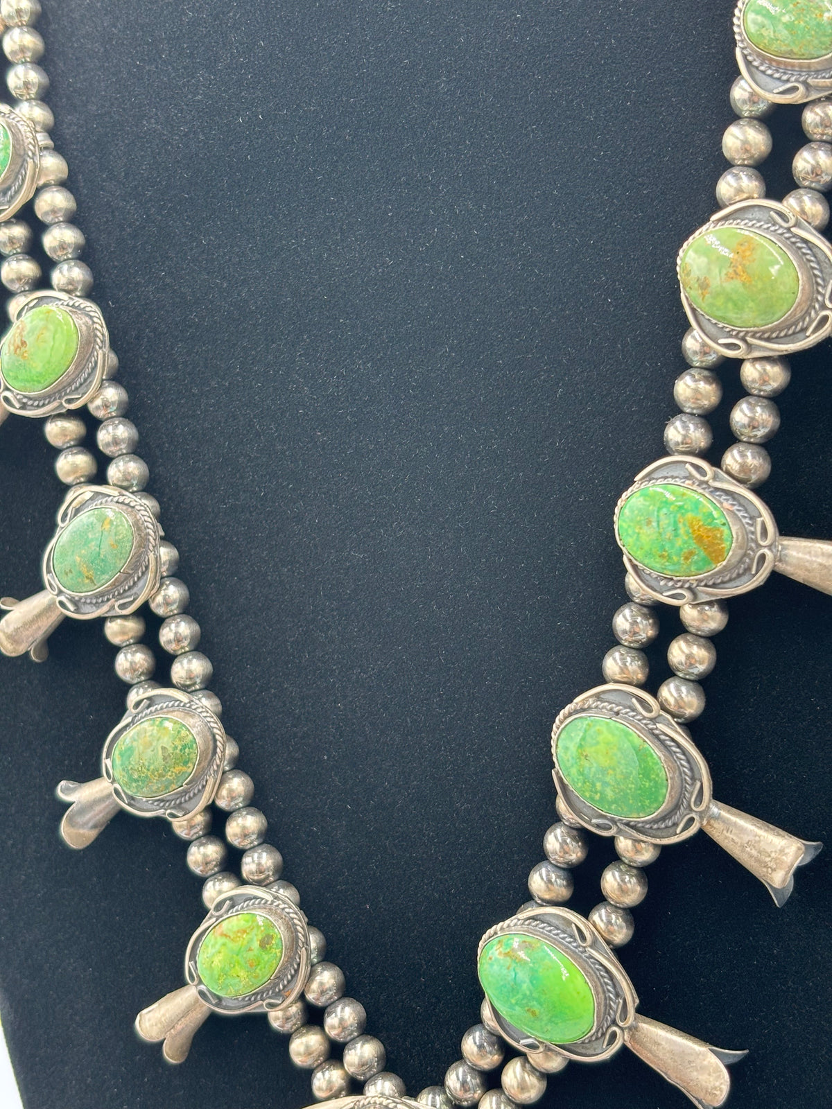 Green Turquoise #923-3 Squash Blossom Necklace by Gilbert New, Navajo