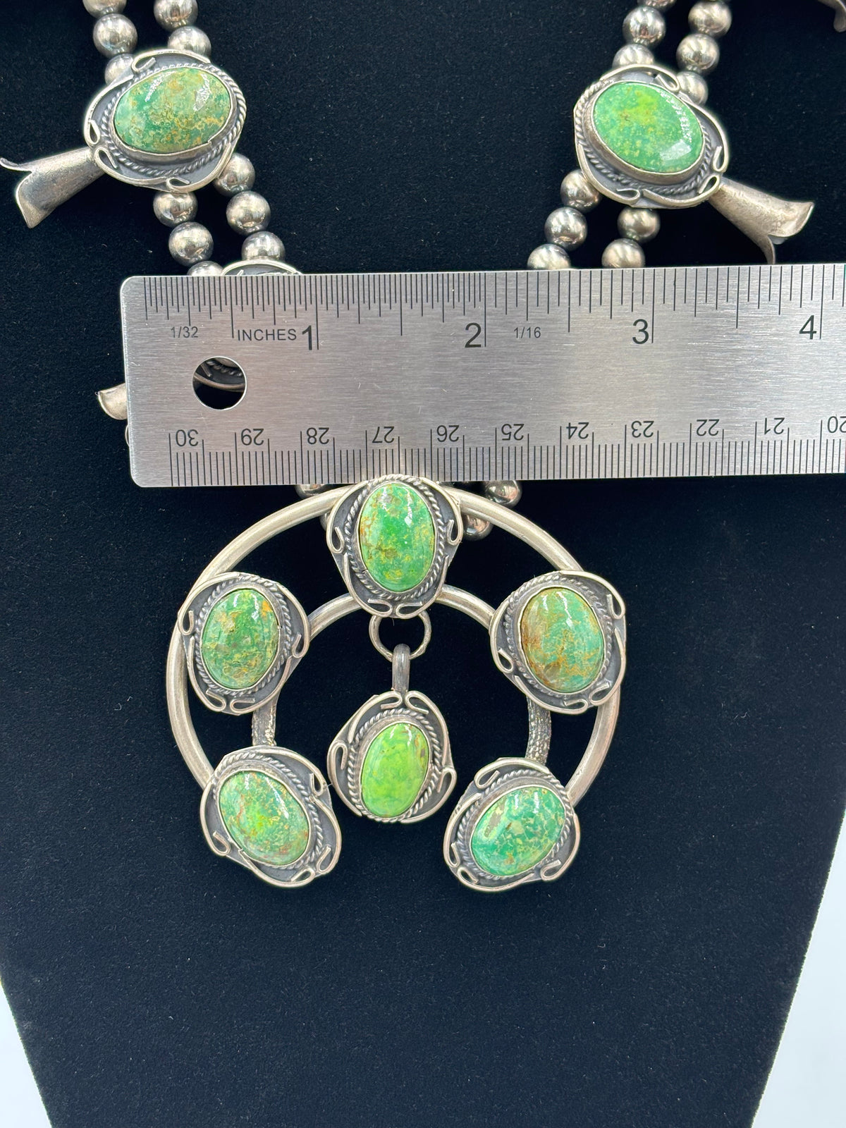 Green Turquoise #923-3 Squash Blossom Necklace by Gilbert New, Navajo