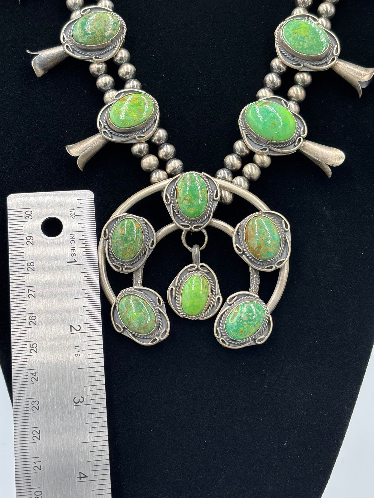 Green Turquoise #923-3 Squash Blossom Necklace by Gilbert New, Navajo