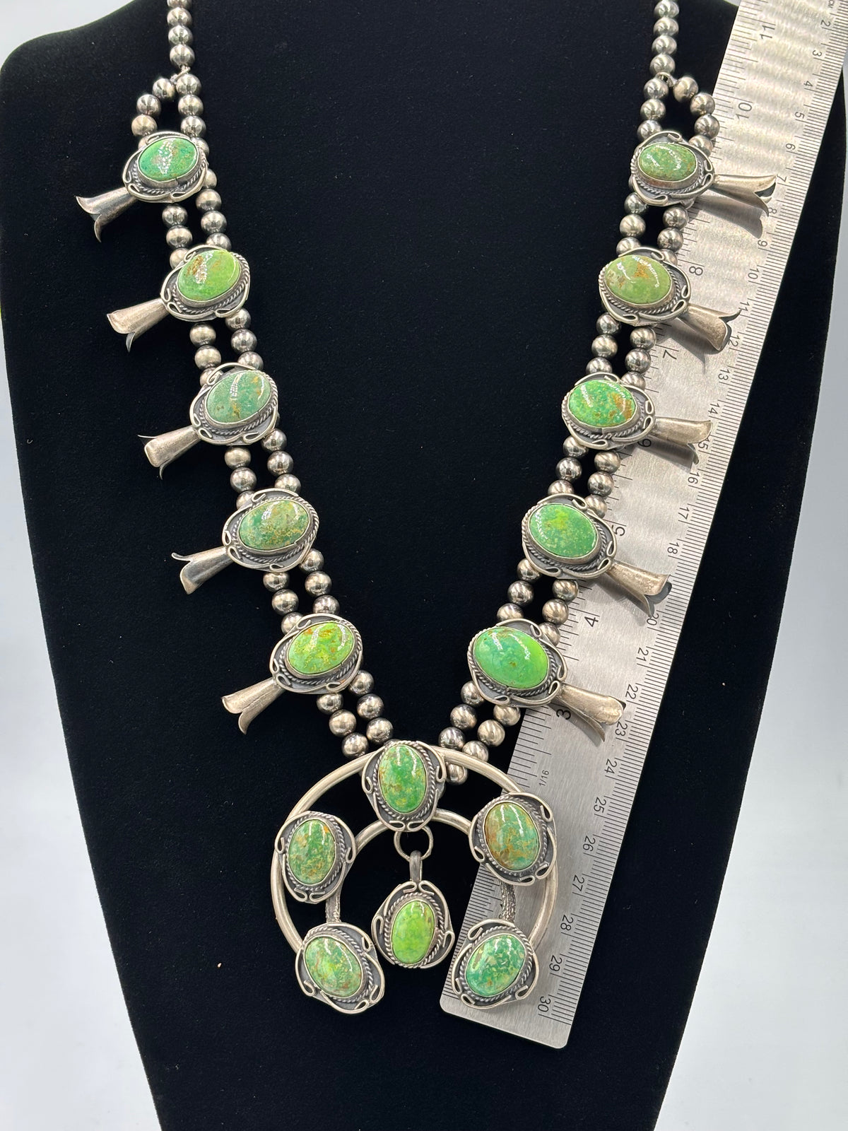 Green Turquoise #923-3 Squash Blossom Necklace by Gilbert New, Navajo