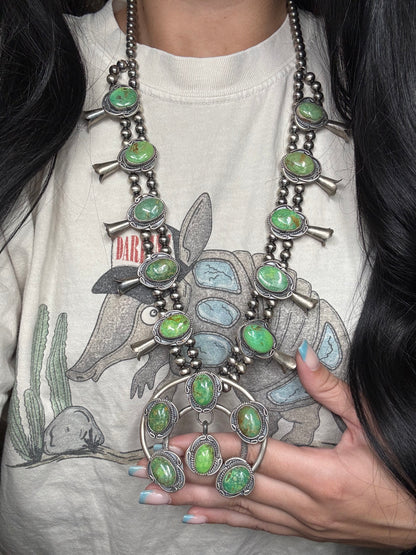 Green Turquoise #923-3 Squash Blossom Necklace by Gilbert New, Navajo