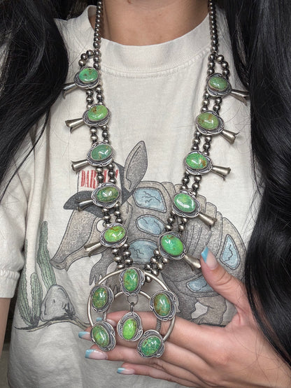 Green Turquoise #923-3 Squash Blossom Necklace by Gilbert New, Navajo