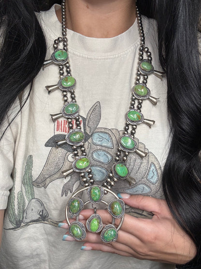 Green Turquoise #923-3 Squash Blossom Necklace by Gilbert New, Navajo