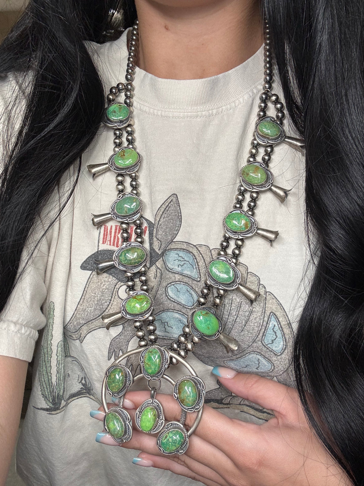 Green Turquoise #923-3 Squash Blossom Necklace by Gilbert New, Navajo