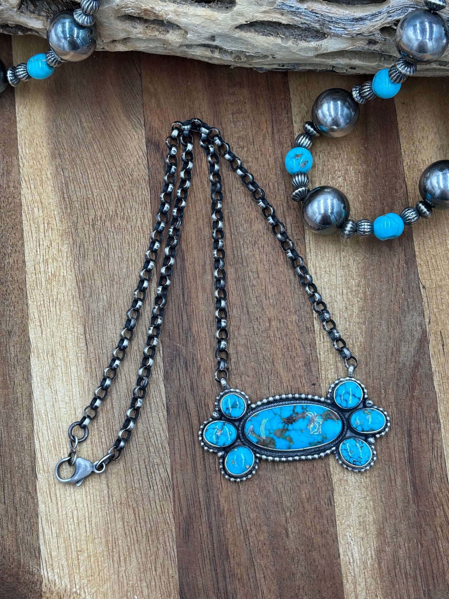 Webbed Kingman Cluster Necklace by Rena Shelly, Navajo #B
