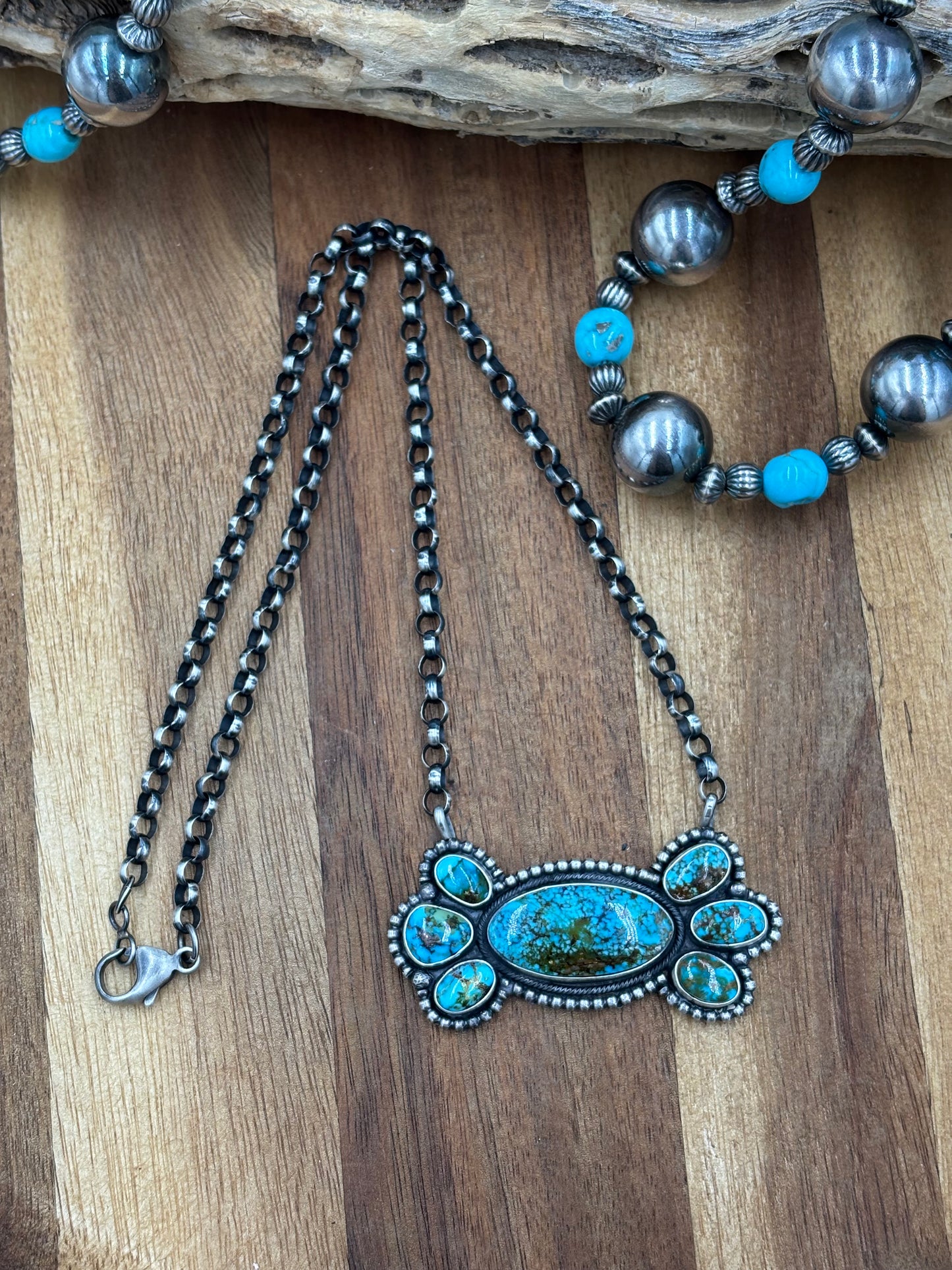 Webbed Kingman Cluster Necklace by Rena Shelly, Navajo #A