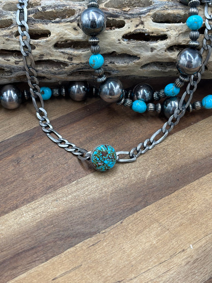 Polychrome Webbed #101-2 Kingman Turquoise Figaro Chain Necklace