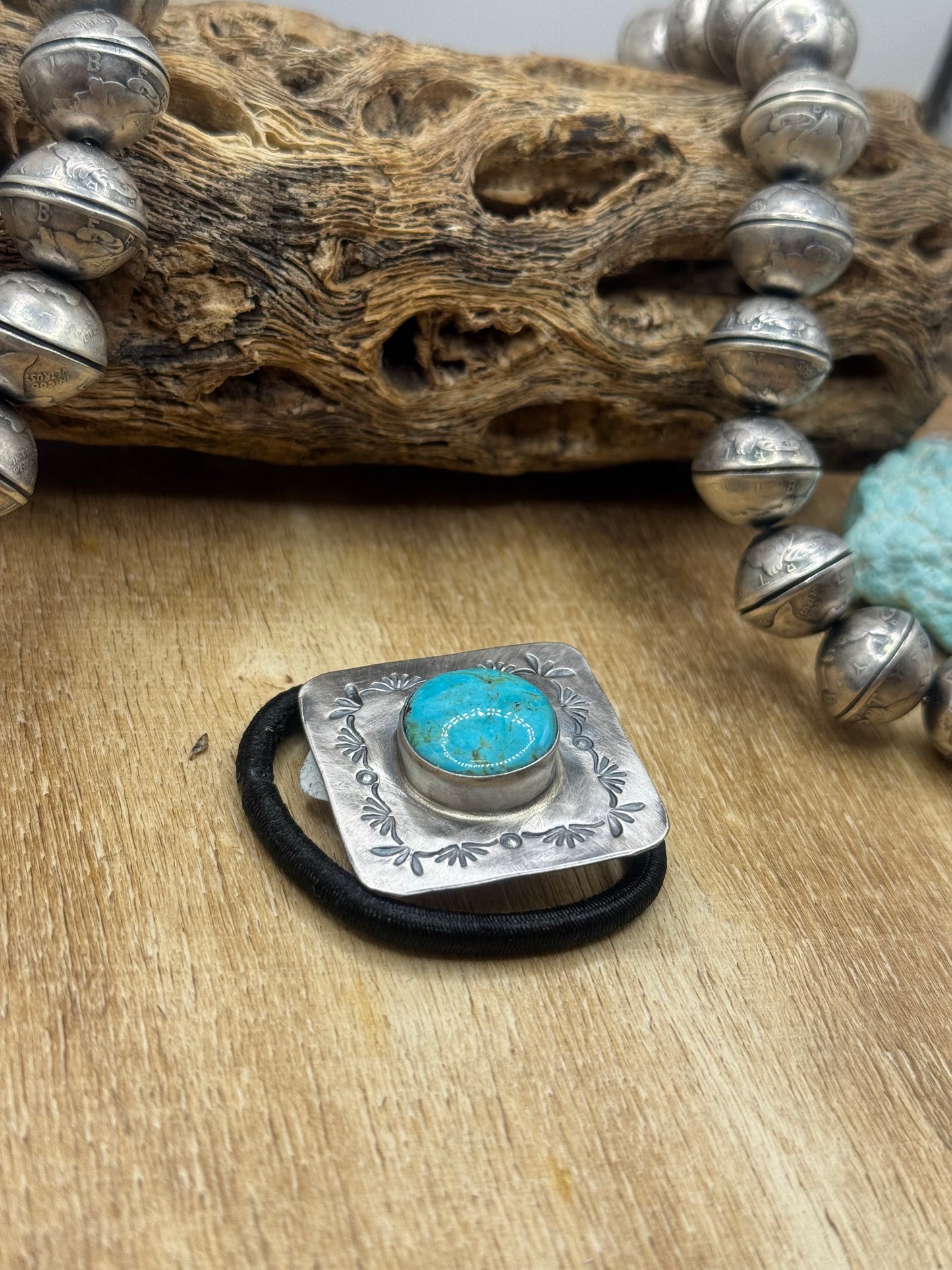 Kingman Turquoise #830-4 Hair Tie by Tillie John, Navajo