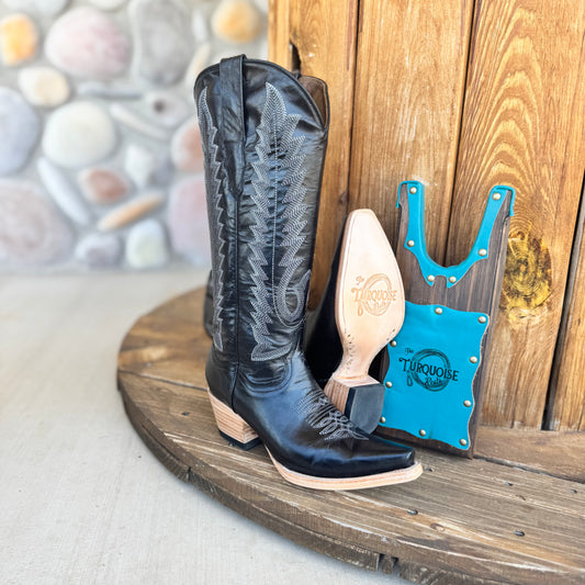 The Femme Fatale Signature Turquoise Reata Boot- Black Snip Toe